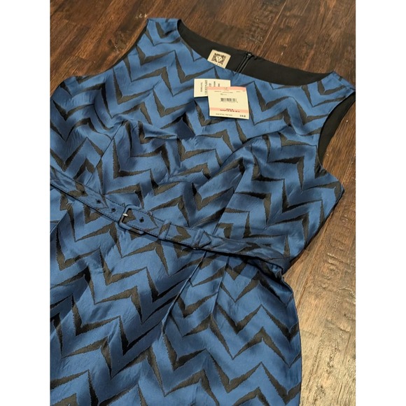 Vintage Anne Klein Dress Womens 10 Blue Black Chevron Belted Cocktail 00s Retro - Picture 2 of 12